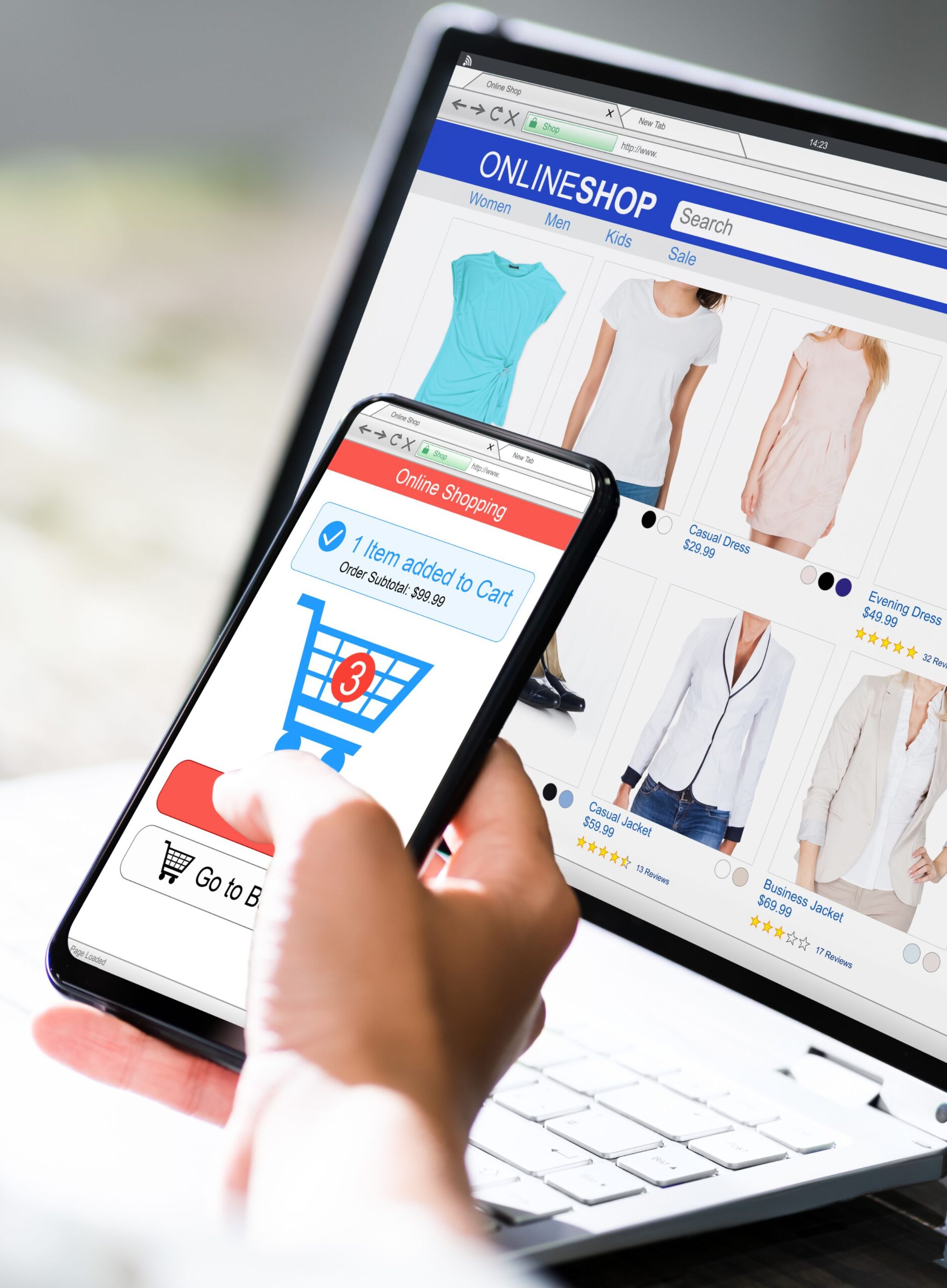 Online shopping cart and parcel on a digital ecommerce platform background.