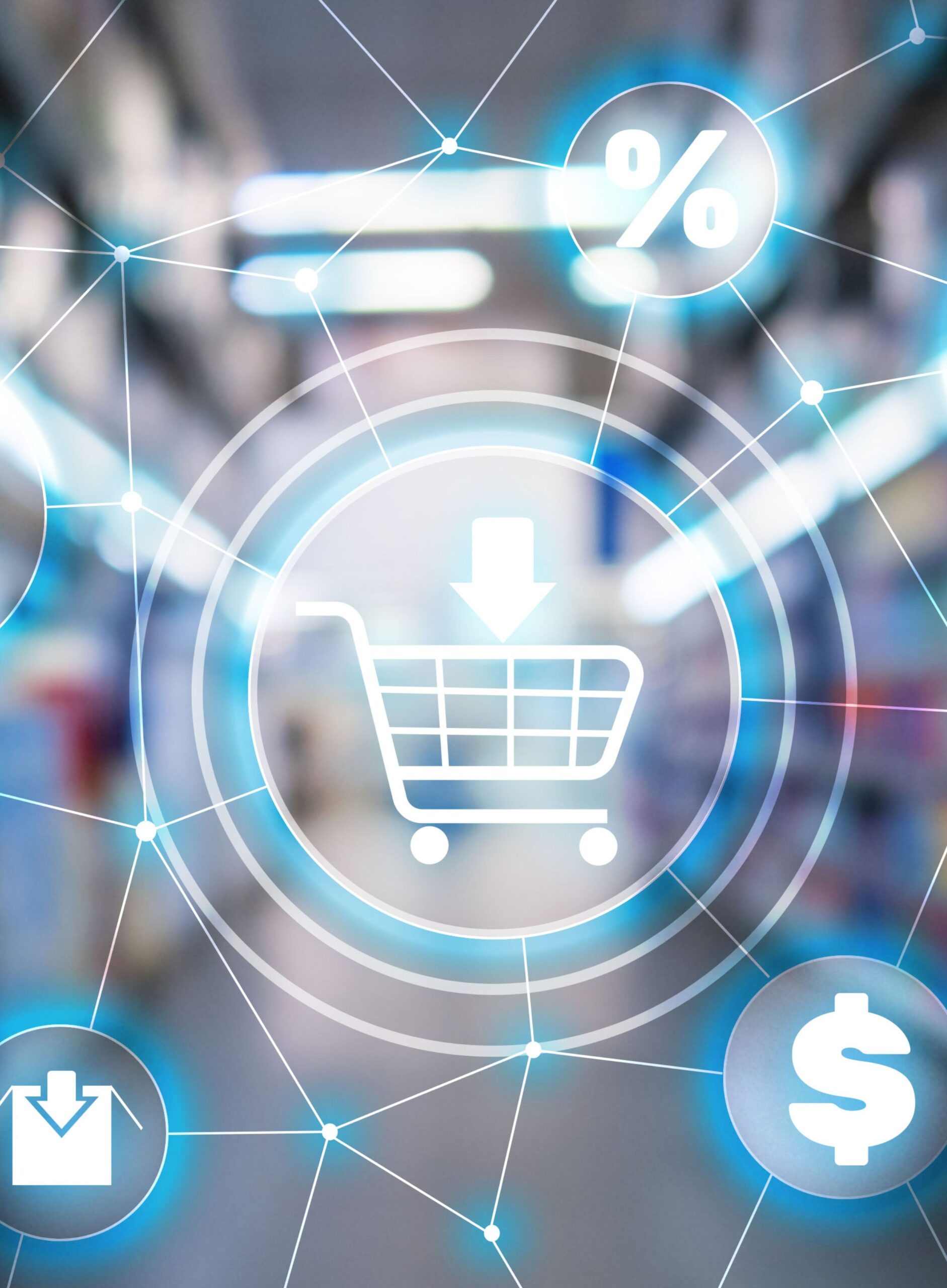 Illustration of interconnected ecommerce elements: shopping cart, dollar sign, email icon, and percent sign symbolizing outsourcing benefits.